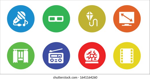 Modern Simple Set of entertainment Vector filled Icons. Contains such as Sing, Curtain, 3d glasses, Radio, Kite, Plasma ball, Television and more Fully Editable and Pixel Perfect icons.