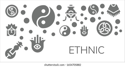 Modern Simple Set of ethnic Vector filled Icons. Contains such as Yin yang, Indian, Veena, Hamsa, Alchemy, Kamon, Poncho and more Fully Editable and Pixel Perfect icons.