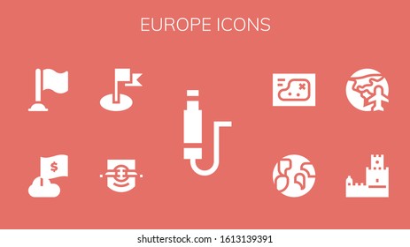 Modern Simple Set of europe Vector filled Icons. Contains such as Jack, Leipzig, Flag, Belem tower, Planet earth, Earth, Map and more Fully Editable and Pixel Perfect icons.