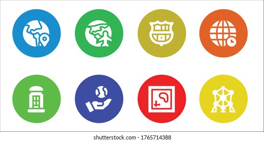 Modern Simple Set of europe Vector filled Icons. Contains such as Globe, Telephone booth, Planet earth, Earth, Map and more Fully Editable and Pixel Perfect icons.
