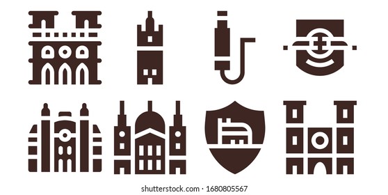 Modern Simple Set of european Vector filled Icons. Contains such as Monaco, Notre dame, Saint paul, Giralda, Roma, Jack, Leipzig and more Fully Editable and Pixel Perfect icons.