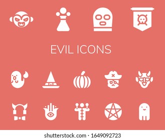 Modern Simple Set of evil Vector filled Icons. Contains such as Vampire, Poison, Balaclava, Jolly roger, Devil, Ghost, Hamsa, Witch and more Fully Editable and Pixel Perfect icons.