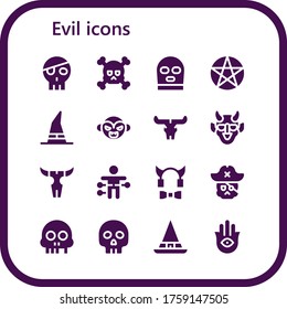 Modern Simple Set of evil Vector filled Icons. Contains such as Skull, Balaclava, Pentacle, Witch, Vampire, Hannya, Voodoo doll and more Fully Editable and Pixel Perfect icons.
