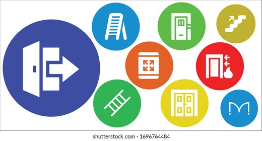 Modern Simple Set of exit Vector filled Icons. Contains such as Logout, Ladder, Door, Double door, Maximize, Exit, Stairs, Doors and more Fully Editable and Pixel Perfect icons.