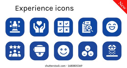 Modern Simple Set of experience Vector filled Icons. Contains such as Hologram, Emotion, Feedback, Curriculum, Happy, Rating, Vr glasses and more Fully Editable and Pixel Perfect icons.