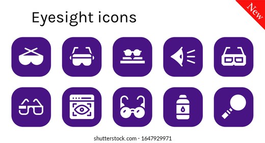Modern Simple Set of eyesight Vector filled Icons. Contains such as Sunglasses, Glasses, Eye, 3d glasses, View, Contact lens, Magnifying glass and more Fully Editable and Pixel Perfect icons.