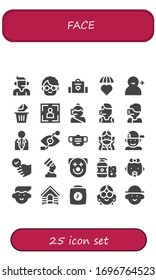 Modern Simple Set of face Vector filled Icons. Contains such as Call center, Grandmother, Baby bag, Emotions, Add user, Removed and more Fully Editable and Pixel Perfect icons.
