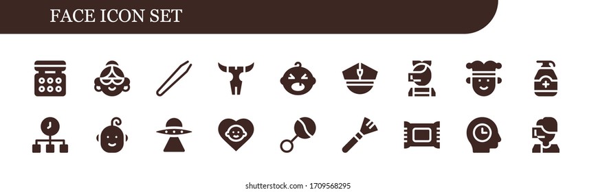 Modern Simple Set of face Vector filled Icons. Contains such as Eye shadow, Avatar, Hair removal, Skull, Baby, Police, Call center and more Fully Editable and Pixel Perfect icons.