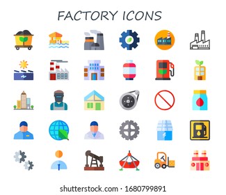 Modern Simple Set of factory Vector flat Icons. Contains such as coal, bungalow, nuclear plant, gear, solar energy, building, gas and more Fully Editable and Pixel Perfect icons.