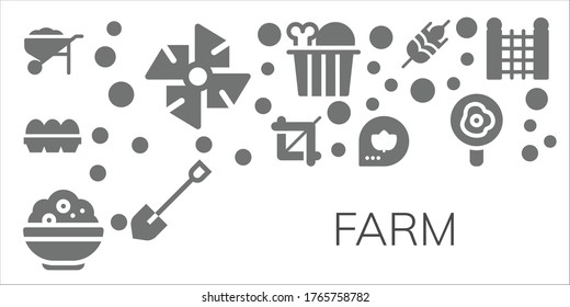 Modern Simple Set of farm Vector filled Icons. Contains such as Wheelbarrow, Windmill, Eggs, Crop, Rice, Fall, Chicken, Shovel and more Fully Editable and Pixel Perfect icons.