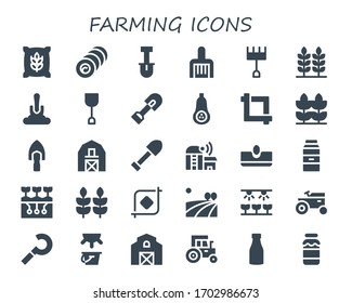 Modern Simple Set of farming Vector filled Icons. Contains such as Wheat, Bale, Shovel, Rake, Butternut squash, Crop, Barn, Farm and more Fully Editable and Pixel Perfect icons.