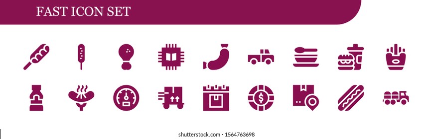 Modern Simple Set of fast Vector filled Icons. Contains such as Hot dog, Corndog, Fried chicken, Chip, Sausage, Truck, Soup, Fast food and more Fully Editable and Pixel Perfect icons.