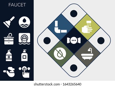 Modern Simple Set of faucet Vector filled Icons. Contains such as Pipe, Tap, Soap, Sink, Sewer, Plunger, Water, WASHING HANDS and more Fully Editable and Pixel Perfect icons.