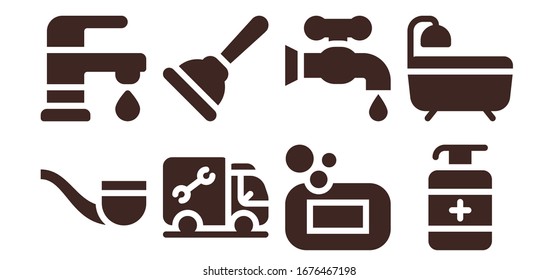 Moderne einfache Set von Vektorillustration mit Wasserhahn füllte Symbole. Enthält u. a. Pipe, Faucet, Plumber, Plunger, Seife, Antiseptik, Bad und mehr vollständig editierbare und Pixel perfekte Symbole.