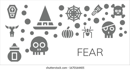 Modern Simple Set of fear Vector filled Icons. Contains such as Coffin, Witch, Skull, Pumpkin, Ossuary, Spider, Spider web, Fins and more Fully Editable and Pixel Perfect icons.