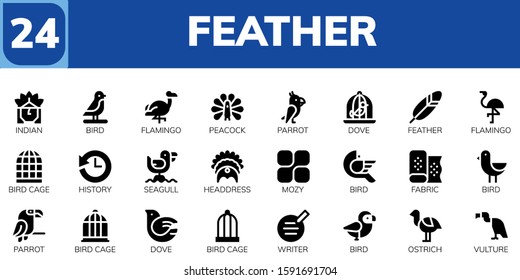 Modern Simple Set of feather Vector filled Icons. Contains such as Indian, Bird, Flamingo, Peacock, Parrot, Dove, Feather, Bird cage and more Fully Editable and Pixel Perfect icons.