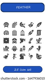Modern Simple Set of feather Vector filled Icons. Contains such as Headdress, Fabric, Bird, Feather, Peacock, Bird cage, Papyrus and more Fully Editable and Pixel Perfect icons.