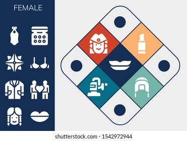 Modern Simple Set of female Vector filled Icons. Contains such as Lips, Girl, Lab coat, Couple, Makibishi, Brassiere, Swimsuit and more Fully Editable and Pixel Perfect icons.