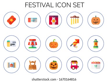 Moderne einfache Set von Festival-Vektorillustration flache Symbole. Beinhaltet Tickets, Tickets, Achterbahn, Bühne, Kürbis, Glockenspiel, Feuerwerk und mehr Fully Editable und Pixel Perfect Icons.