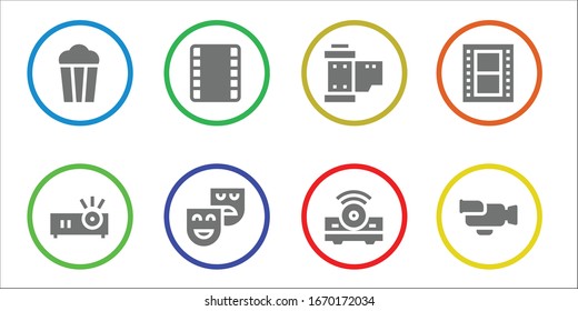 Modern Simple Set of filmstrip Vector filled Icons. Contains such as Popcorn, Projector, Film strip, Theatre, Reel, Film, Video and more Fully Editable and Pixel Perfect icons.