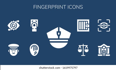 Modern Simple Set of fingerprint Vector filled Icons. Contains such as Police, Fingerprint, Fingerprint scan, Eye scan, Law, Jail and more Fully Editable and Pixel Perfect icons.