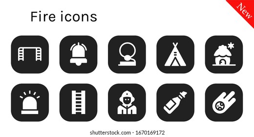 Modern Simple Set of fire Vector filled Icons. Contains such as Ladder, Alarm, Cowboy, Tent, Cabin, Siren, Firefighter, Oil, Meteorite and more Fully Editable and Pixel Perfect icons.