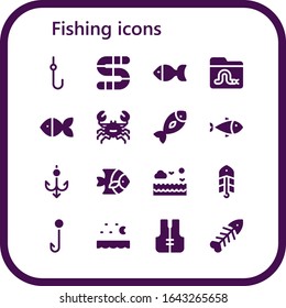 Modern Simple Set of fishing Vector filled Icons. Contains such as Hook, Worm, Fish, Crab, Sea, Bait, Lifejacket, Fishbone and more Fully Editable and Pixel Perfect icons.