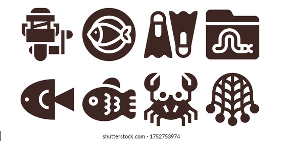 Modern Simple Set of fishing Vector filled Icons. Contains such as Fish, Fishing reel, Crab, Dive, Net, Worm and more Fully Editable and Pixel Perfect icons.