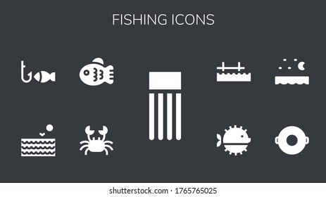 Modern Simple Set of fishing Vector filled Icons. Contains such as Float, Crab, Fish, Sea, Fishing, Puffer fish, Pier and more Fully Editable and Pixel Perfect icons.