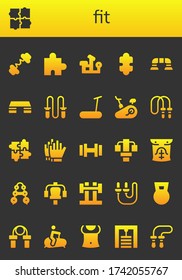 Modern Simple Set of fit Vector filled Icons. Contains such as Barbell, Puzzle, Bench press, Push up, Fitness step, Jumping rope and more Fully Editable and Pixel Perfect icons.