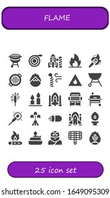 Modern Simple Set of flame Vector filled Icons. Contains such as Bbq, Hose, Rocket, Fire, Torch, Grill, Forest fire, Candle, Sparkler and more Fully Editable and Pixel Perfect icons.