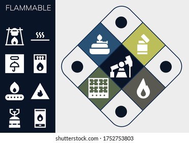 Moderno y simple conjunto de iconos llenos de vectores inflamables. Contiene, por ejemplo, tomas de bombeo, gas de camping, fuego, frágiles, coincidencias, fuego, caliente y más íconos totalmente editables y Pixel Perfecto.