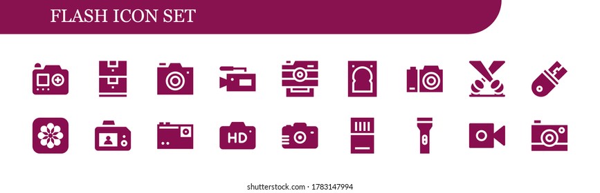 Modern Simple Set of flash Vector filled Icons. Contains such as Camera, Data storage, Photo camera, Hard drive, Spotlight, Usb and more Fully Editable and Pixel Perfect icons.