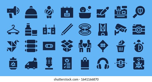 Modern Simple Set of flat Vector filled Icons. Contains such as Promotion, Hanger, Origami, Can, Hat, Whiskey, Ribs, Van, Childhood and more Fully Editable and Pixel Perfect icons.