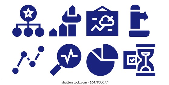 Modern Simple Set of flow Vector filled Icons. Contains such as Stats, Diagram, Chart, Hourglass, Fountain and more Fully Editable and Pixel Perfect icons.