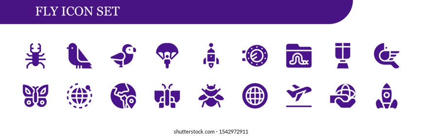 Modern Simple Set of fly Vector filled Icons. Contains such as Beetle, Bird, Parachute, Rocket, Porthole, Worm, Oxygen mask, Butterfly and more Fully Editable and Pixel Perfect icons.