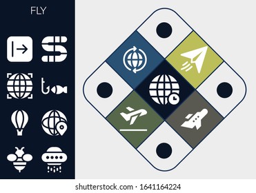 Modern Simple Set of fly Vector filled Icons. Contains such as World, Bee, Ufo, Hot air balloon, Globe, Fishing, Send, Worm, Paper plane and more Fully Editable and Pixel Perfect icons.