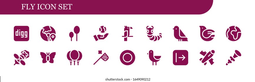 Modern Simple Set of fly Vector filled Icons. Contains such as Digg, Globe, Balloons, Earth, Parrot, Caterpillar, Bird, Dove, World and more Fully Editable and Pixel Perfect icons.