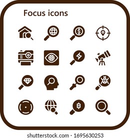 Modern Simple Set of focus Vector filled Icons. Contains such as Search, Target, Photo camera, Capture, Telescope, Magnifying glass and more Fully Editable and Pixel Perfect icons.