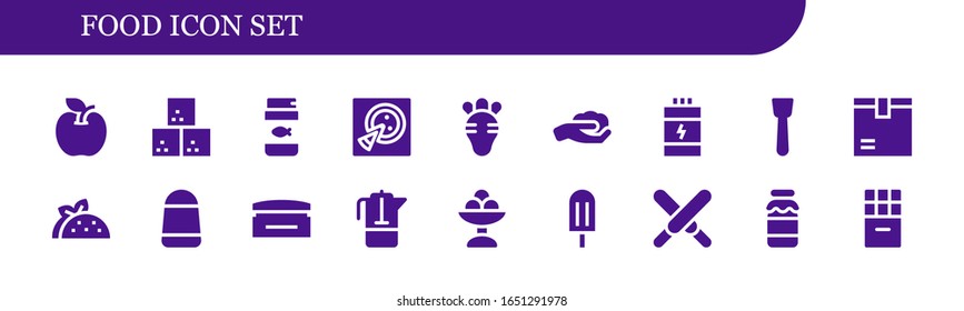 Moderno y sencillo conjunto de alimentos Iconos rellenos de vectores. Contiene como Apple, Cubo de Azúcar, Comida de Pescado, Pizza, Radish, Jardinería, Proteínas y más íconos Totalmente Editables y Pixel Perfecto.