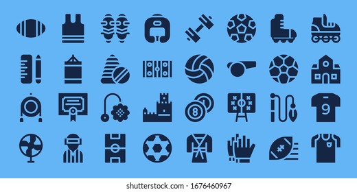 Modern Simple Set of football Vector filled Icons. Contains such as Rugby, School, Toy, Fan, Sleeveless, Punching ball, Merit and more Fully Editable and Pixel Perfect icons.