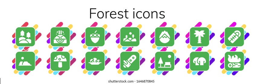 Modern Simple Set of forest Vector filled Icons. Contains such as Forest, Desert, Eruption, Mushroom, Acorn, Chainsaw, Forest fire and more Fully Editable and Pixel Perfect icons.