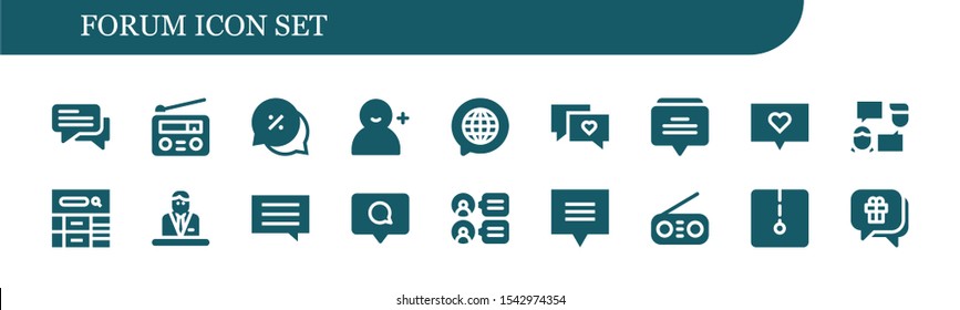 Modern Simple Set of forum Vector filled Icons. Contains such as Chat, Radio, Add user, Talk, Blog, Commentator, Comment, Comments and more Fully Editable and Pixel Perfect icons.