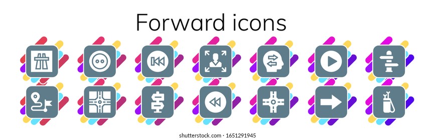 Modern Simple Set of forward Vector filled Icons. Contains such as Motorway, Direction, Button, Crossroad, Previous, Decision making and more Fully Editable and Pixel Perfect icons.