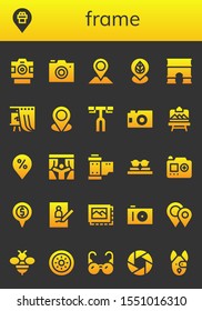 Modern Simple Set of frame Vector filled Icons. Contains such as Photo camera, Placeholder, Arc, Gallery, Handlebar, Artboard and more Fully Editable and Pixel Perfect icons.
