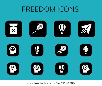 Modern Simple Set of freedom Vector filled Icons. Contains such as Scale, Mind, Kite, Hot air balloon, Paper plane and more Fully Editable and Pixel Perfect icons.