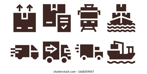 Modern Simple Set of freight Vector filled Icons. Contains such as Delivery truck, Shipping, Delivery, Train, Cargo ship, Ship and more Fully Editable and Pixel Perfect icons.