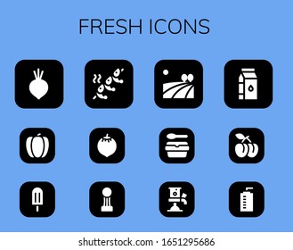 Modernes, einfaches Set mit frischer Vektorillustration gefüllt Symbole. Enthält u. a. Rüben, Pfeffer, Popsicle, Shrimps, Kokosnuss, Cup, Field, Lunchbox und mehr vollständig bearbeitbare und Pixel perfekte Symbole.