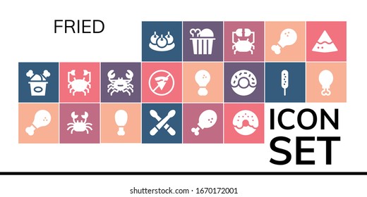 Modern Simple Set of fried Vector filled Icons. Contains such as Bitterballen, Fried chicken, Chicken, Crab, Drumsticks, Chicken leg and more Fully Editable and Pixel Perfect icons.