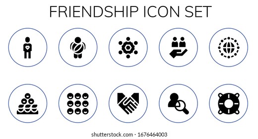 Moderne einfache Set von Freundschaft Vektorillustration gefüllt Symbole. Enthält z.B. Freunde, Freunde, Kinder, Team, Handshake, Teamwork, Netzwerk und mehr vollständig editierbare und Pixel perfekte Symbole.